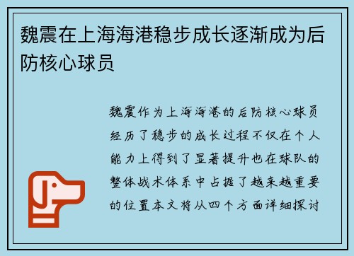 魏震在上海海港稳步成长逐渐成为后防核心球员